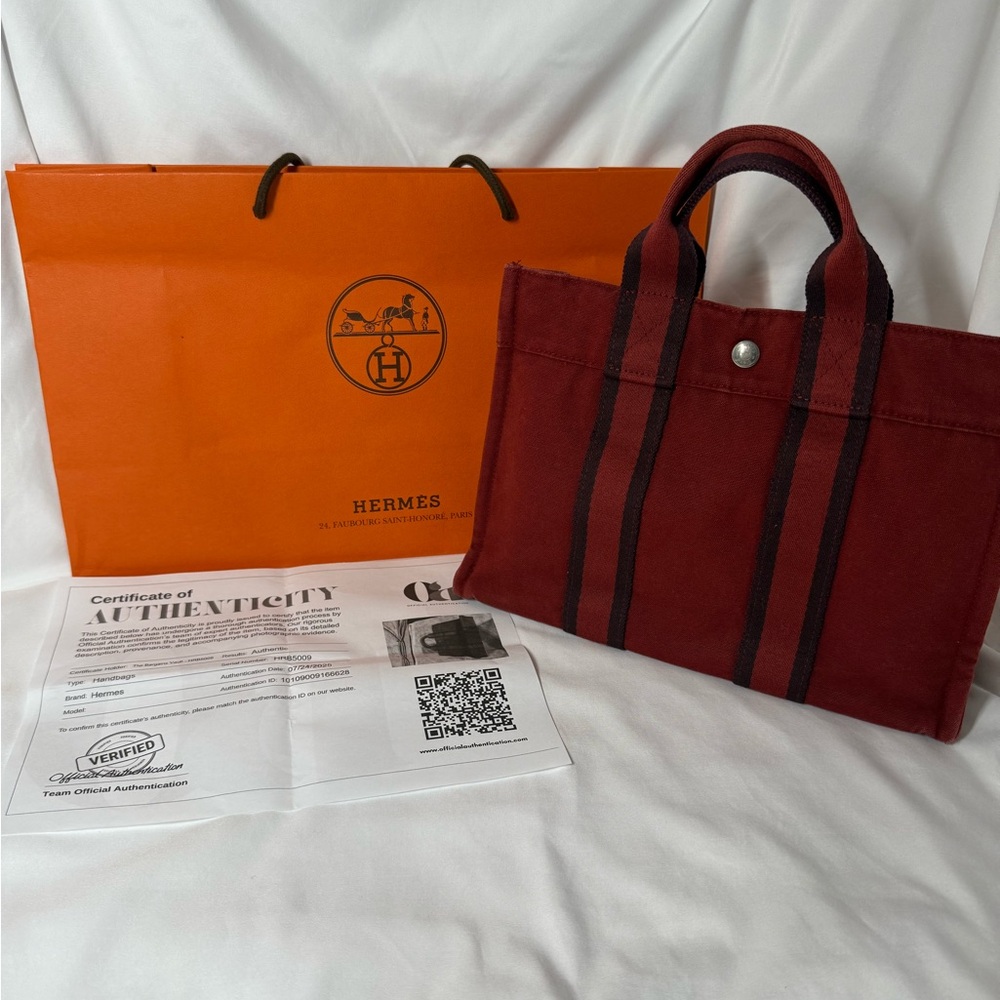 Hermes Dark Red Canvas Tote Bag